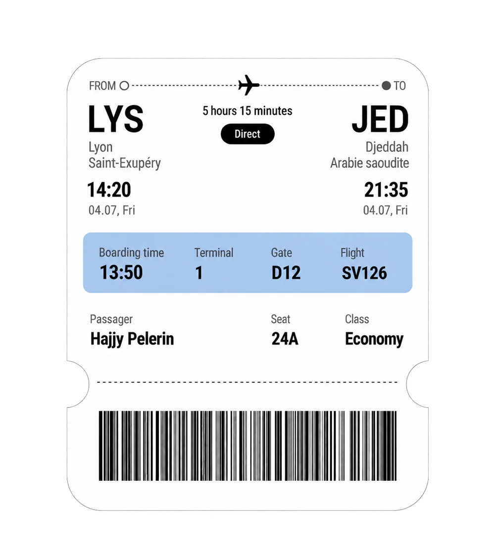 Billet illustratif Hajjy, Lyon vers Djeddah